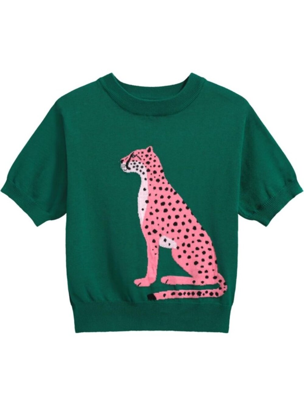 Retro Animal Print Green Knitted T-Shirt, Cropped Cotton Crewneck, Short Sleeve